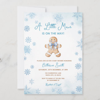 Invitation Blue Little Man Snowflakes Gingerbread Baby Shower