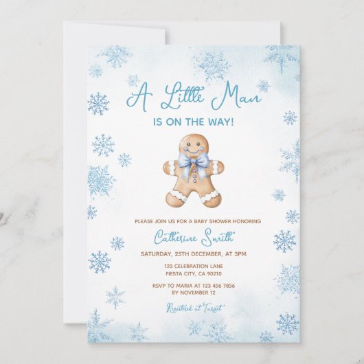 Invitation Blue Little Man Snowflakes Gingerbread Baby Shower (Devant)