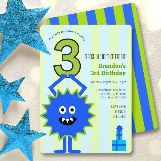 Invitation Blue Little Monster 3e anniversaire garçon amusant