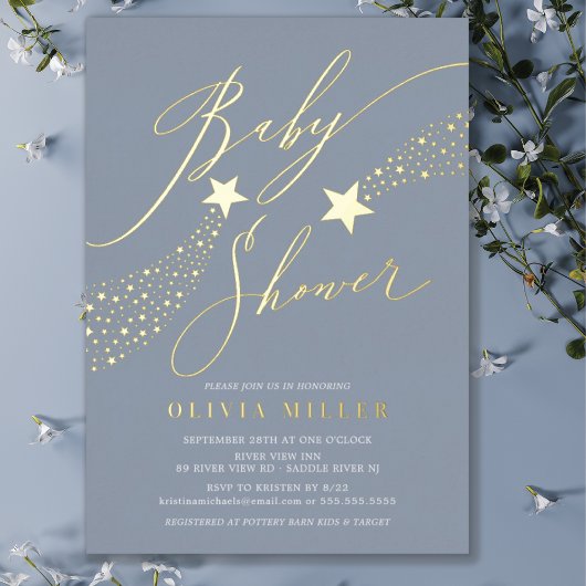 Invitation Blue Little Star Baby shower Foil