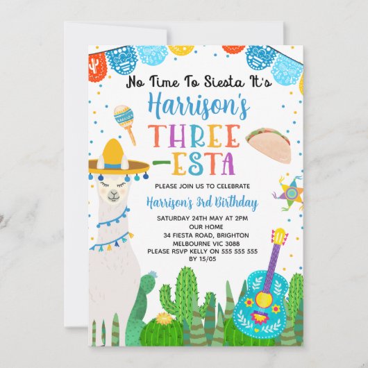 Invitation Blue Llama Taco Fiesta Trois Esta 5e anniversaire (Devant)