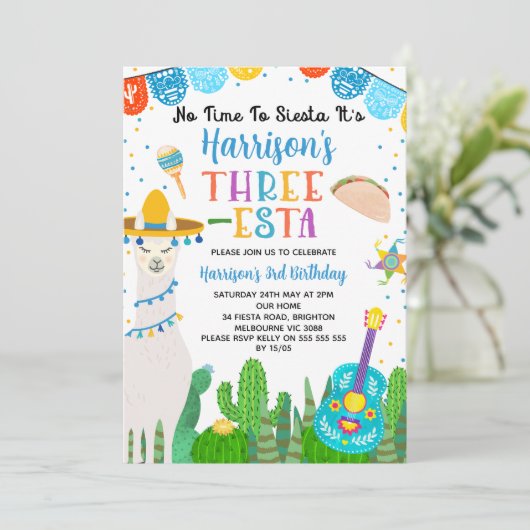 Invitation Blue Llama Taco Fiesta Trois Esta 5e anniversaire (Debout devant)