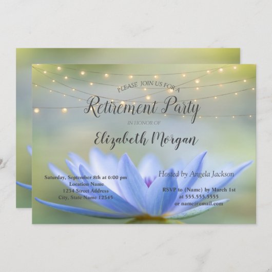Invitation Blue Lotus String Lights Retraite Party (Devant / Derrière)