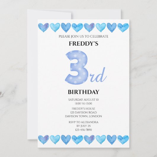 Invitation Blue Love Hearts 3ème anniversaire Photo (Devant)