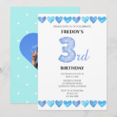 Invitation Blue Love Hearts 3ème anniversaire Photo (Devant / Derrière)