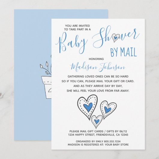Invitation Blue Love Hearts Baby shower garçon par courrier (Devant / Derrière)
