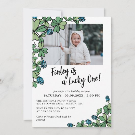 Invitation Blue Lucky One Four Leaf Clocher 1er anniversaire  (Devant)