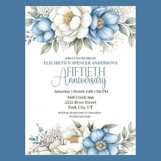 Invitation Blue Magnolia and Peony 50th Wedding Anniversary
