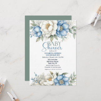 Invitation Blue Magnolia and Peony Flower Boy Baby Shower