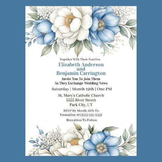 Invitation Blue Magnolia and Peony Flower Wedding