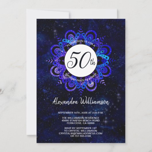 Invitation Blue Mandala Space Stars Boho 50e fête d'anniversa (Devant)