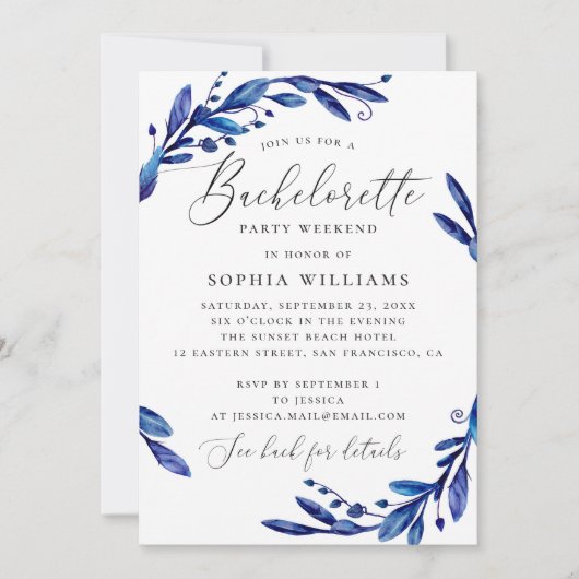 Invitation Blue marine floral script bachelorette week-end (Devant)