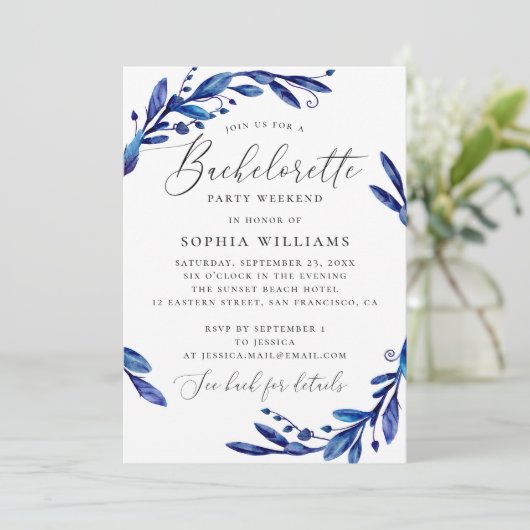 Invitation Blue marine floral script bachelorette week-end (Debout devant)