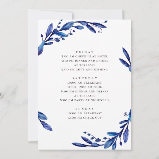 Invitation Blue marine floral script bachelorette week-end (Dos)