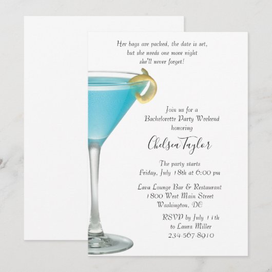 Invitation Blue Martini Cocktail Hour Bachelorette Party (Devant / Derrière)