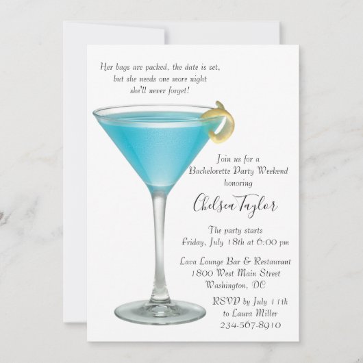 Invitation Blue Martini Cocktail Hour Bachelorette Party (Devant)