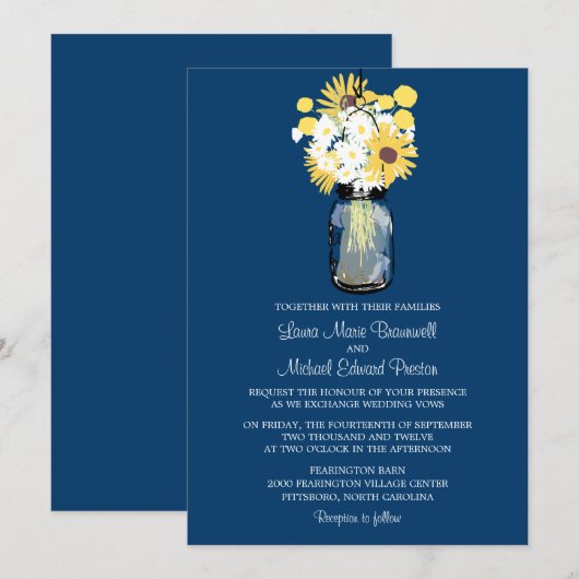Invitation Blue Mason Jar Daisies Jaune Sunflowers Mariage (Devant / Derrière)