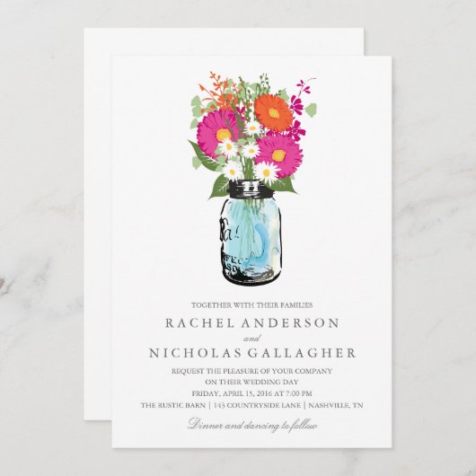 Invitation Blue Mason Jar et Gerber Daisies Mariage (Devant / Derrière)