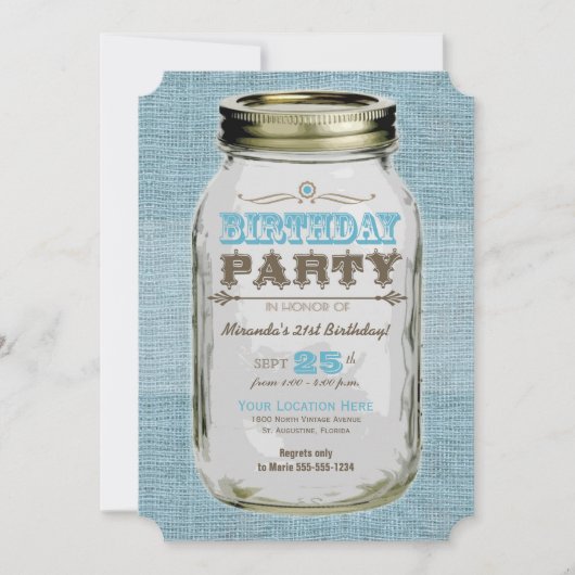 Invitation Blue Mason Jar Vintage Look Anniversaire (Devant)