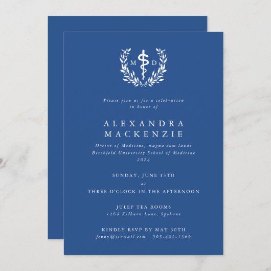 Invitation Blue MD Asclepius + Laurel Wreath Graduation (Devant / Derrière)