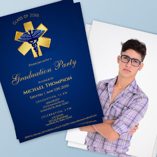 Invitation Blue Medical Caduceus Gold Cross Graduation Photo