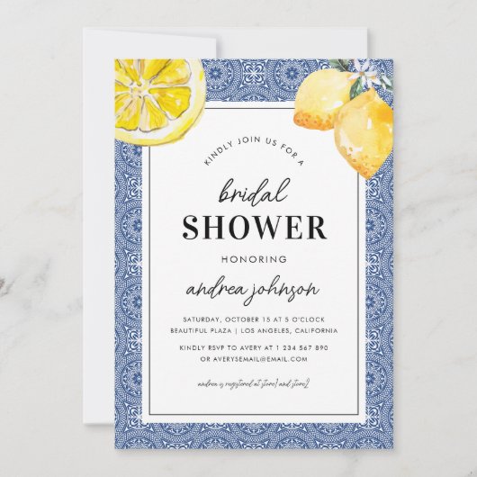 Invitation Blue Mediterranean Tile Lemon Simple Bridal Shower (Devant)