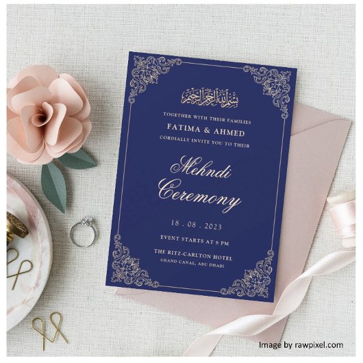 Invitation Blue Mehndi Henna Mariage musulman