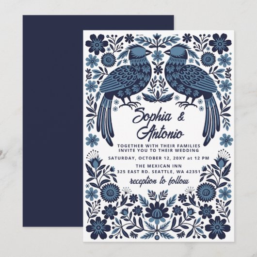 Invitation Blue Mexican Birds Otomi Floral Fiesta Wedding (Devant / Derrière)