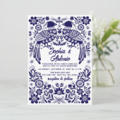 Invitation Blue Mexican Birds Otomi Floral Fiesta Wedding (Debout devant)