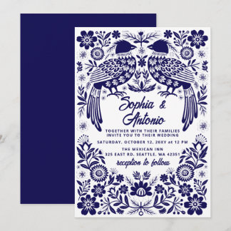 Invitation Blue Mexican Birds Otomi Floral Fiesta Wedding