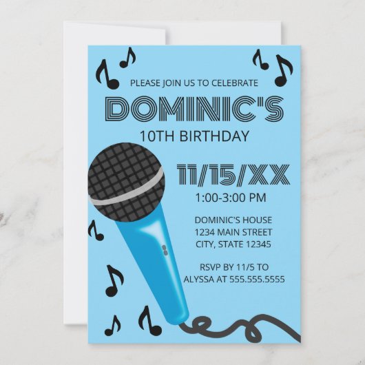 Invitation Blue Microphone Kids Birthday (Devant)