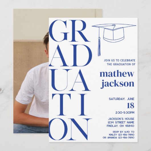 Invitation Blue Minimalist '24 Graduation Party Personnaliser (Devant / Derrière)