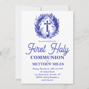 Invitation Blue Minimaliste florale première communion cathol