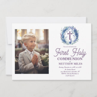 Invitation Blue Minimaliste florale première communion cathol