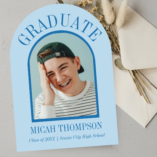 Invitation Blue Modern Arch Grad Photo Announcement 