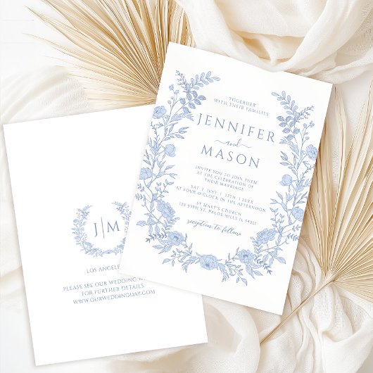 Invitation Blue Modern Floral Wreath Boho Wedding