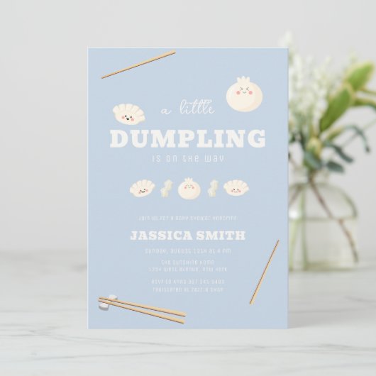 Invitation Blue Modern Kawaii Bao Dumpling Baby Shower  (Debout devant)