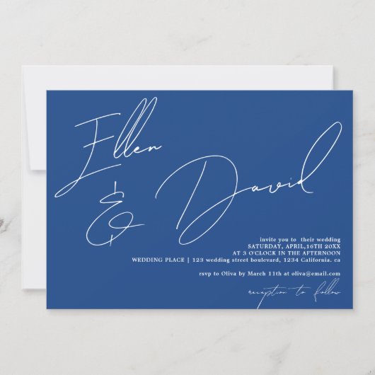 Invitation Blue Modern noms script calligraphie mariage (Devant)