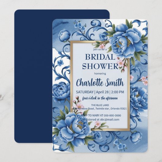 Invitation Blue Modern Peony douche de mariée antique (Devant / Derrière)