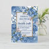 Invitation Blue Modern Peony douche de mariée antique (Debout devant)