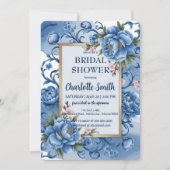 Invitation Blue Modern Peony douche de mariée antique (Devant)