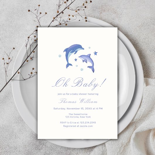 Invitation Blue Modern Under the Sea Dolphin Baby shower