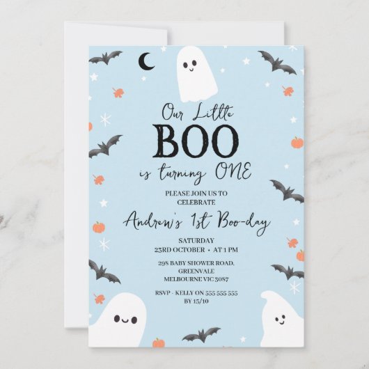 Invitation Blue moderne Halloween Little Boo 1er anniversaire (Devant)