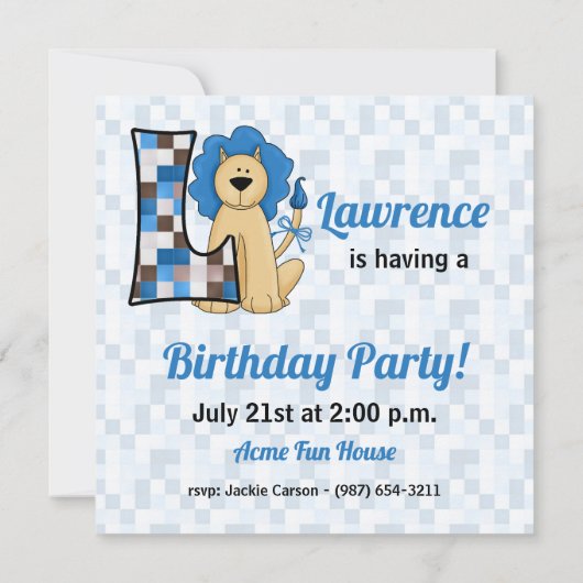 Invitation Blue Monogram L Fête d'anniversaire de l'enfant (Dos)