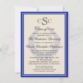 Invitation Blue Monogram Laurel Classic College Graduation (Devant)