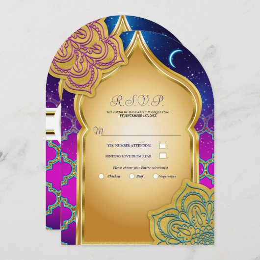 Invitation Blue Moon Arabe Nights Glam Or violet RSVP (Devant / Derrière)