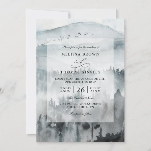 Invitation Blue Mountain Minimalist Budget QR Code Wedding (Devant)