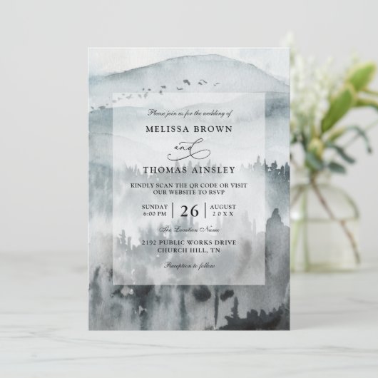 Invitation Blue Mountain Minimalist Budget QR Code Wedding (Debout devant)