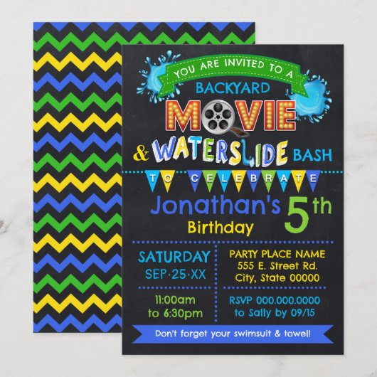 Invitation Blue Movie & Waterslide Anniversaire de enfant Sum (Devant / Derrière)