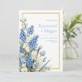 Invitation Blue Muscari White Blossom Gold Frame Wedding (Debout devant)